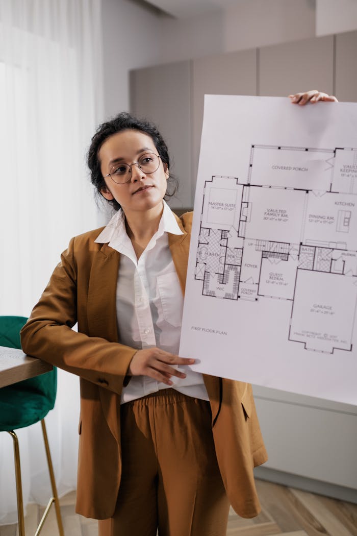 services-01 A realtor in business attire holds a detailed floor plan inside a modern office.