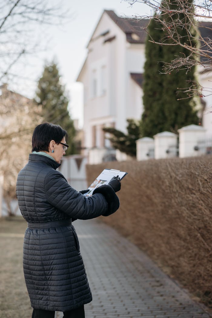 gallery-1 A real estate agent examines house plans while standing outside.